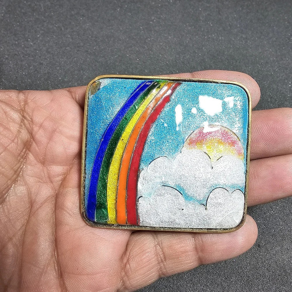 Vintage Brass Squared Hand Painted Rainbow With Clouds Enameled Belt Buckle - Picture 1 of 11
